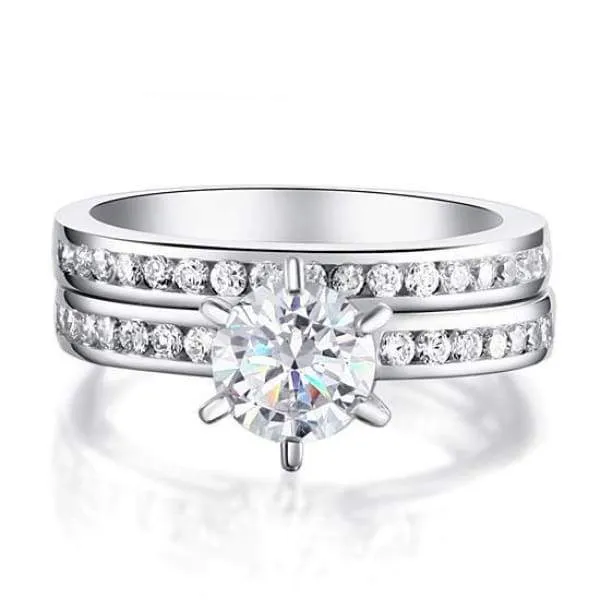 1 Carat Round Cut Simulated Diamond 925 Sterling Silver 2-Pc Wedding Engagement Ring Set