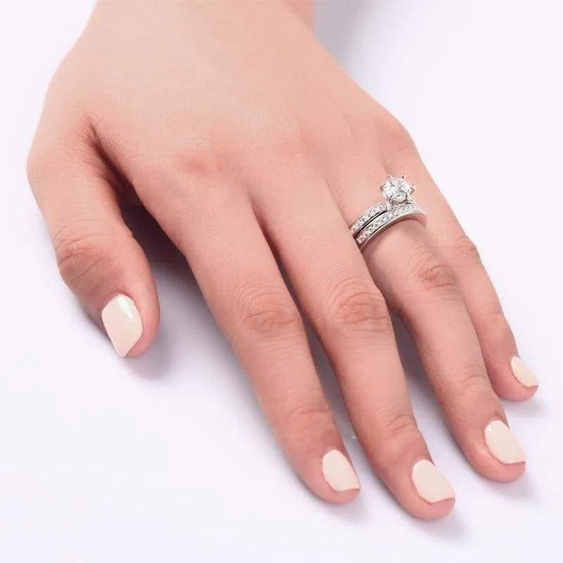 1 Carat Round Cut Simulated Diamond 925 Sterling Silver 2-Pc Wedding Engagement Ring Set