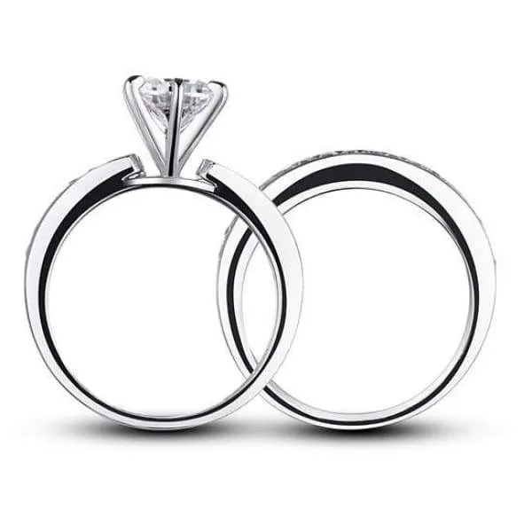 1 Carat Round Cut Simulated Diamond 925 Sterling Silver 2-Pc Wedding Engagement Ring Set