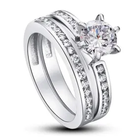 1 Carat Round Cut Simulated Diamond 925 Sterling Silver 2-Pc Wedding Engagement Ring Set