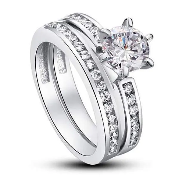 1 Carat Round Cut Simulated Diamond 925 Sterling Silver 2-Pc Wedding Engagement Ring Set