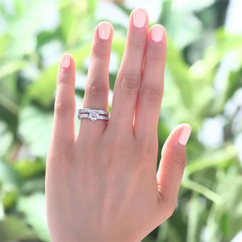1 Carat Round Cut Simulated Diamond 925 Sterling Silver 2-Pc Wedding Engagement Ring Set