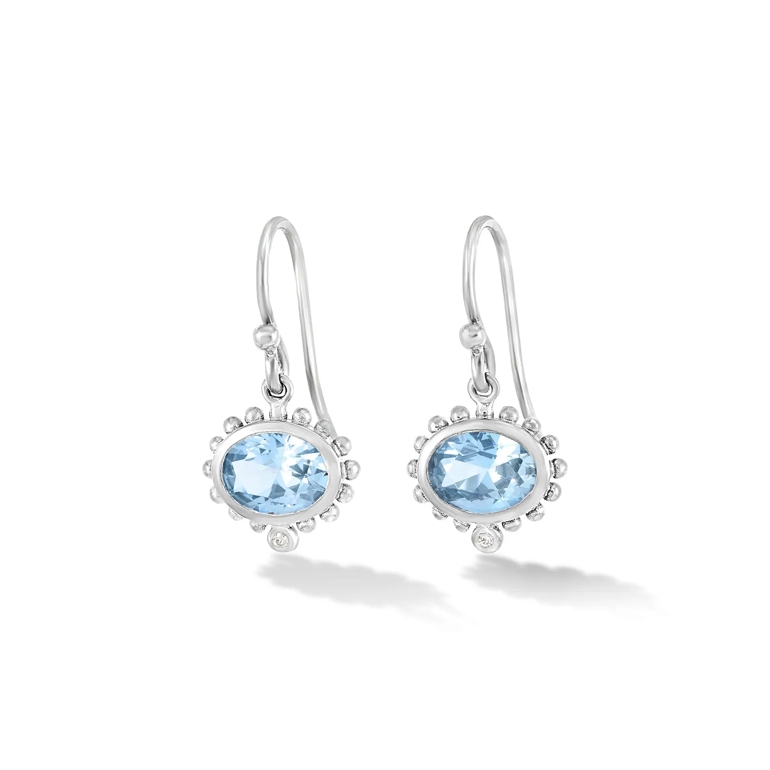 14k Gold Anemone Oval Drop Earrings with Blue Topaz & Diamond