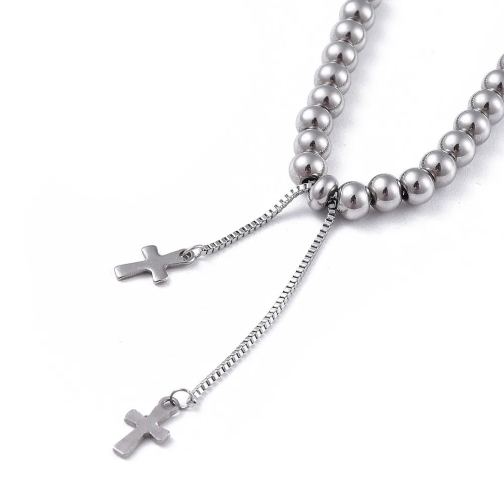 Adjustable Slider Bracelet with Cross & Virgin Mary -  Plated Stainless - 9.5"
