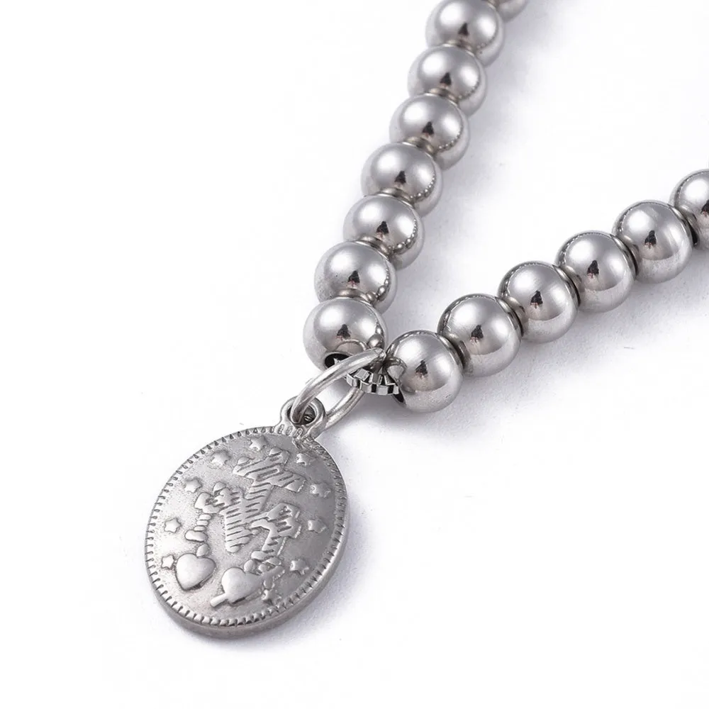 Adjustable Slider Bracelet with Cross & Virgin Mary -  Plated Stainless - 9.5"