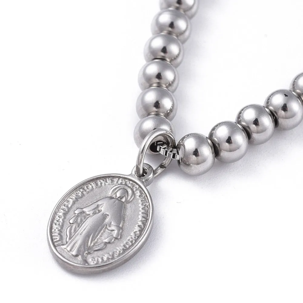 Adjustable Slider Bracelet with Cross & Virgin Mary -  Plated Stainless - 9.5"