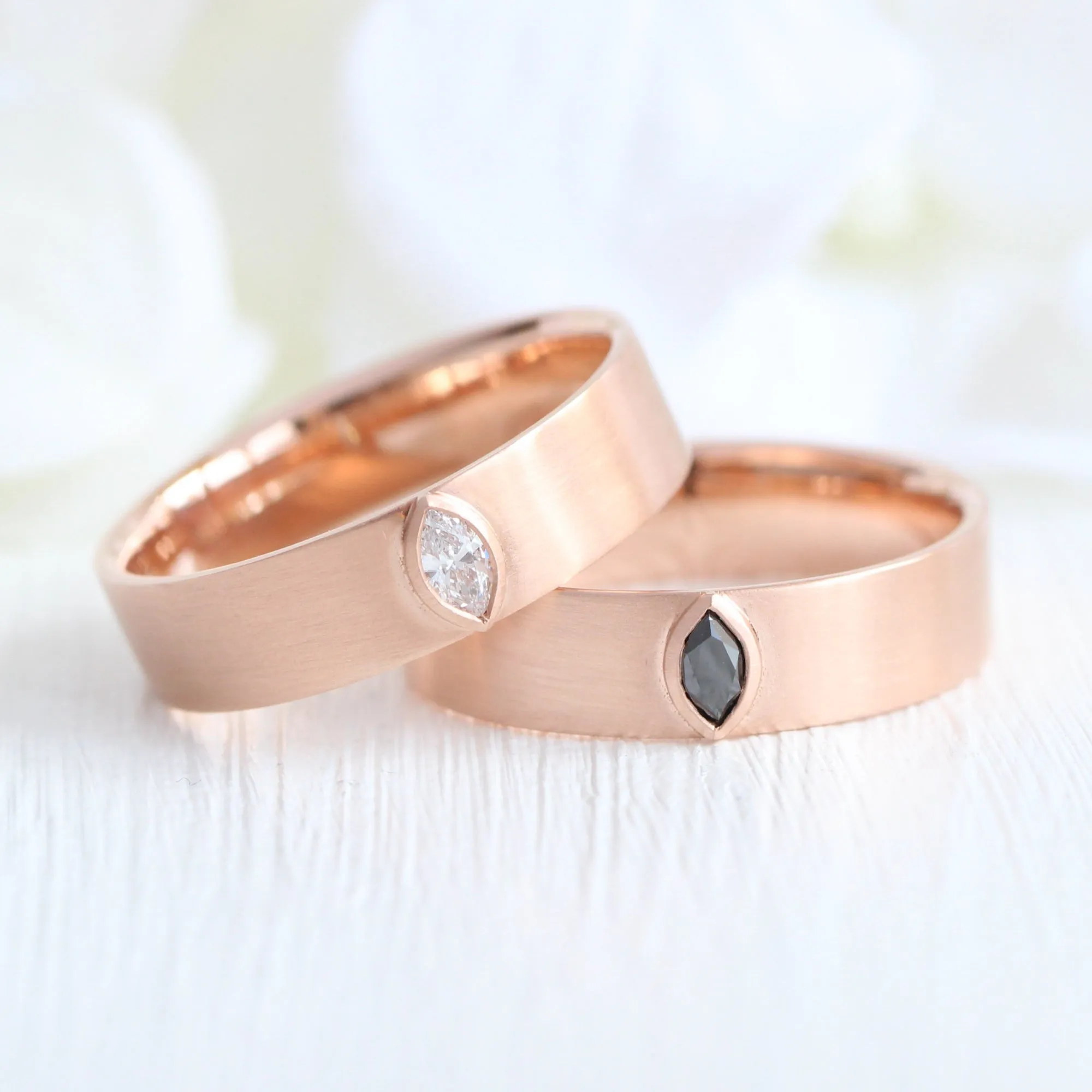 Bezel Marquise Black Diamond Ring in Solid Gold Men's Wedding Band