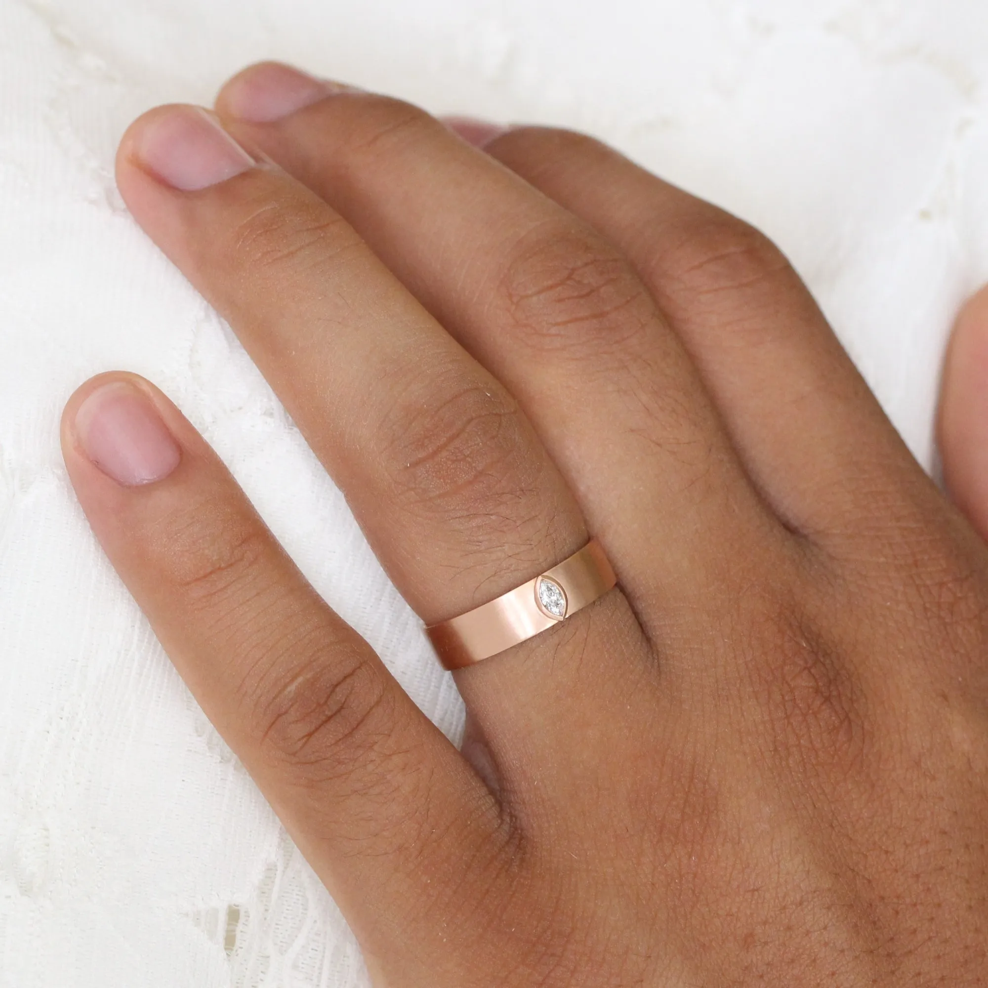 Bezel Marquise Black Diamond Ring in Solid Gold Men's Wedding Band