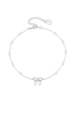 Bow with Pearl Beaded Chain Bracelet Silver Plated