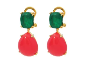 Coral & Emerald Doublet Earrings, 1"