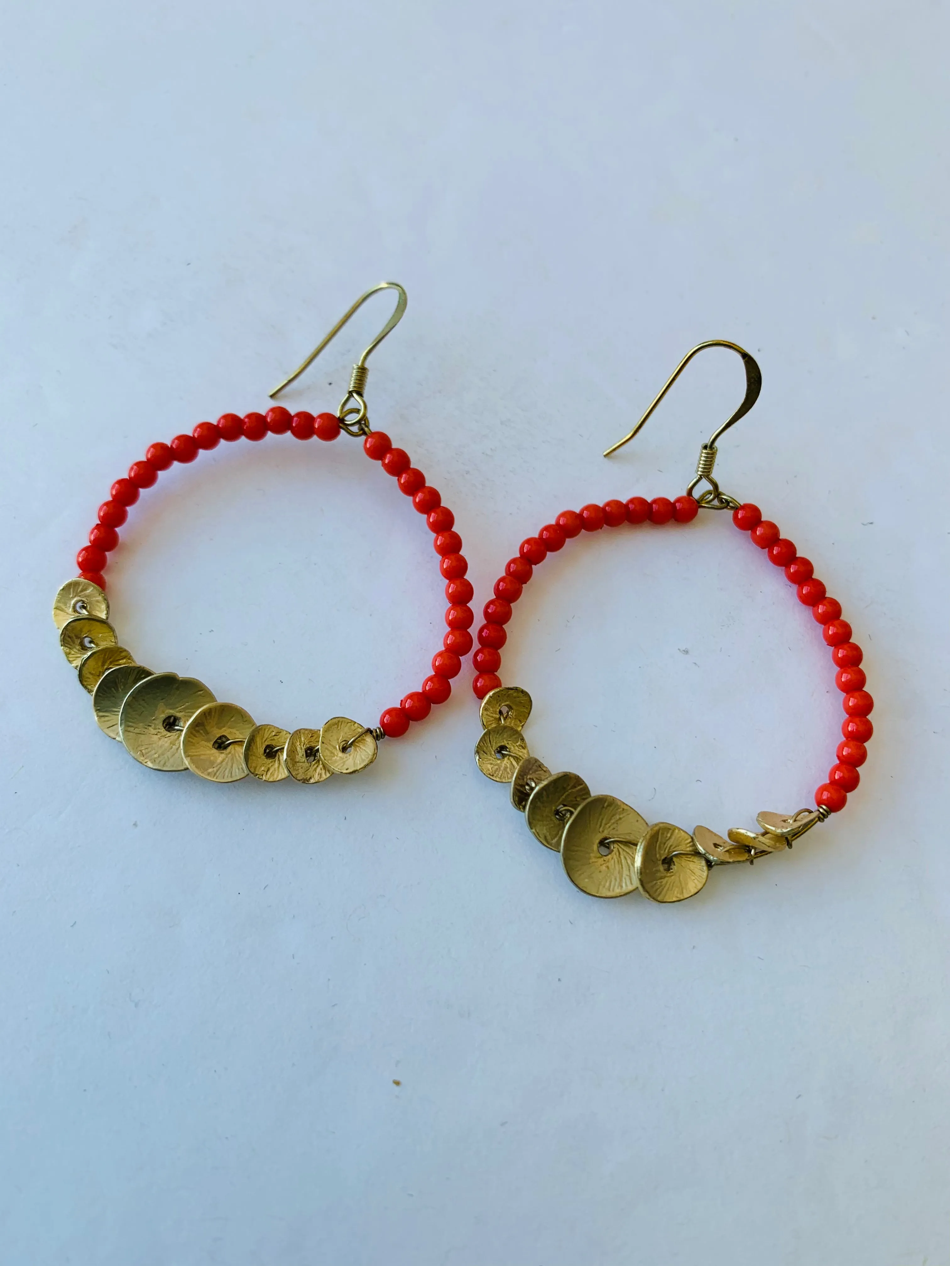 Coral Beaded Gold Hoop Drop Earrings
