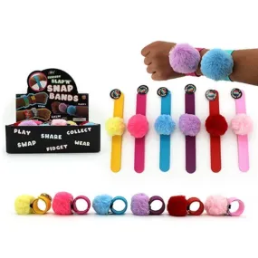FLUFFY BALL SLAP BAND BANGLES (6 ASSTD) - 21.5cm
