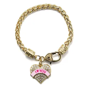 Gold I Love You Pink Candy Pave Heart Charm Braided Bracelet