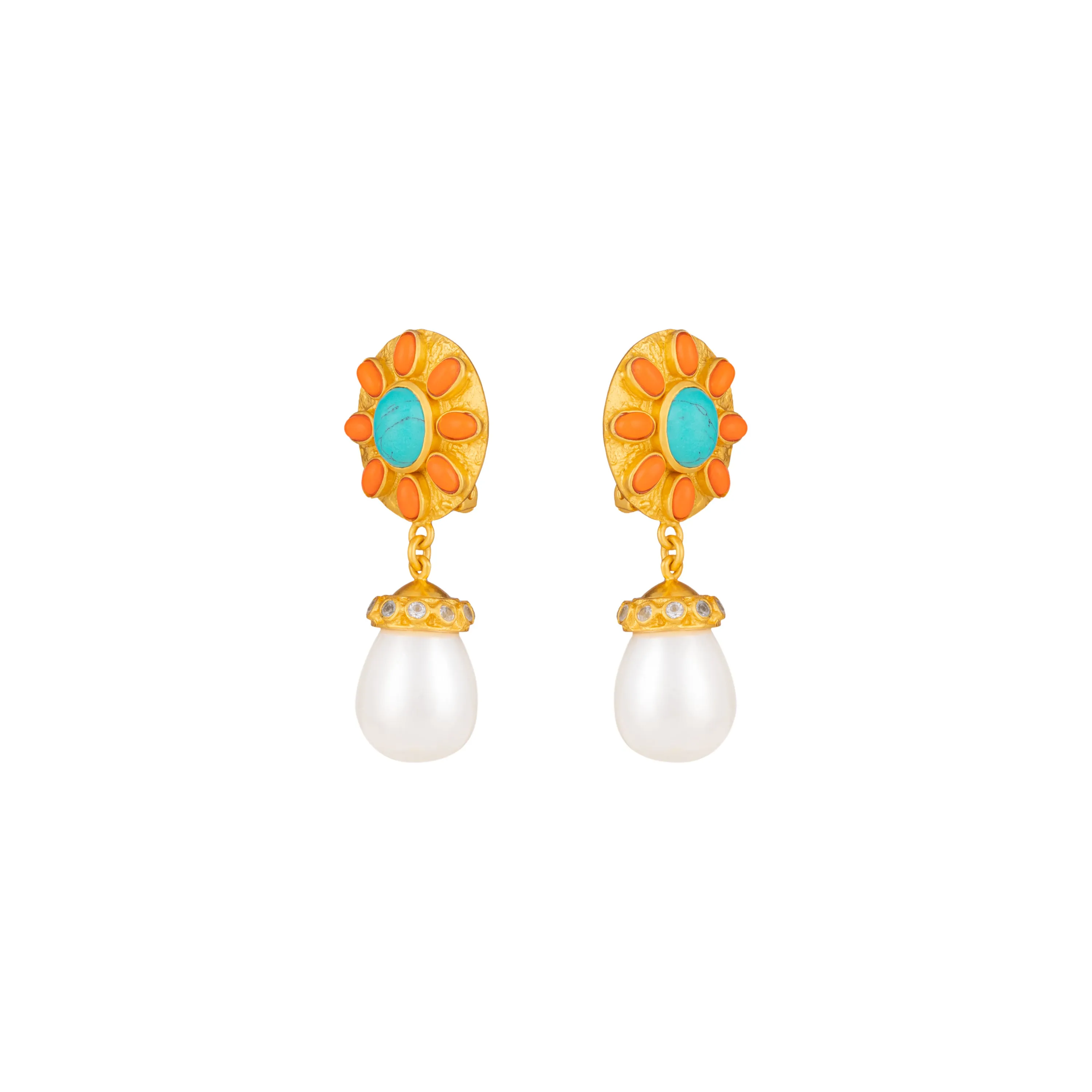 Heather Earrings Orange Coral, Turquoise, Crystal & Pearls