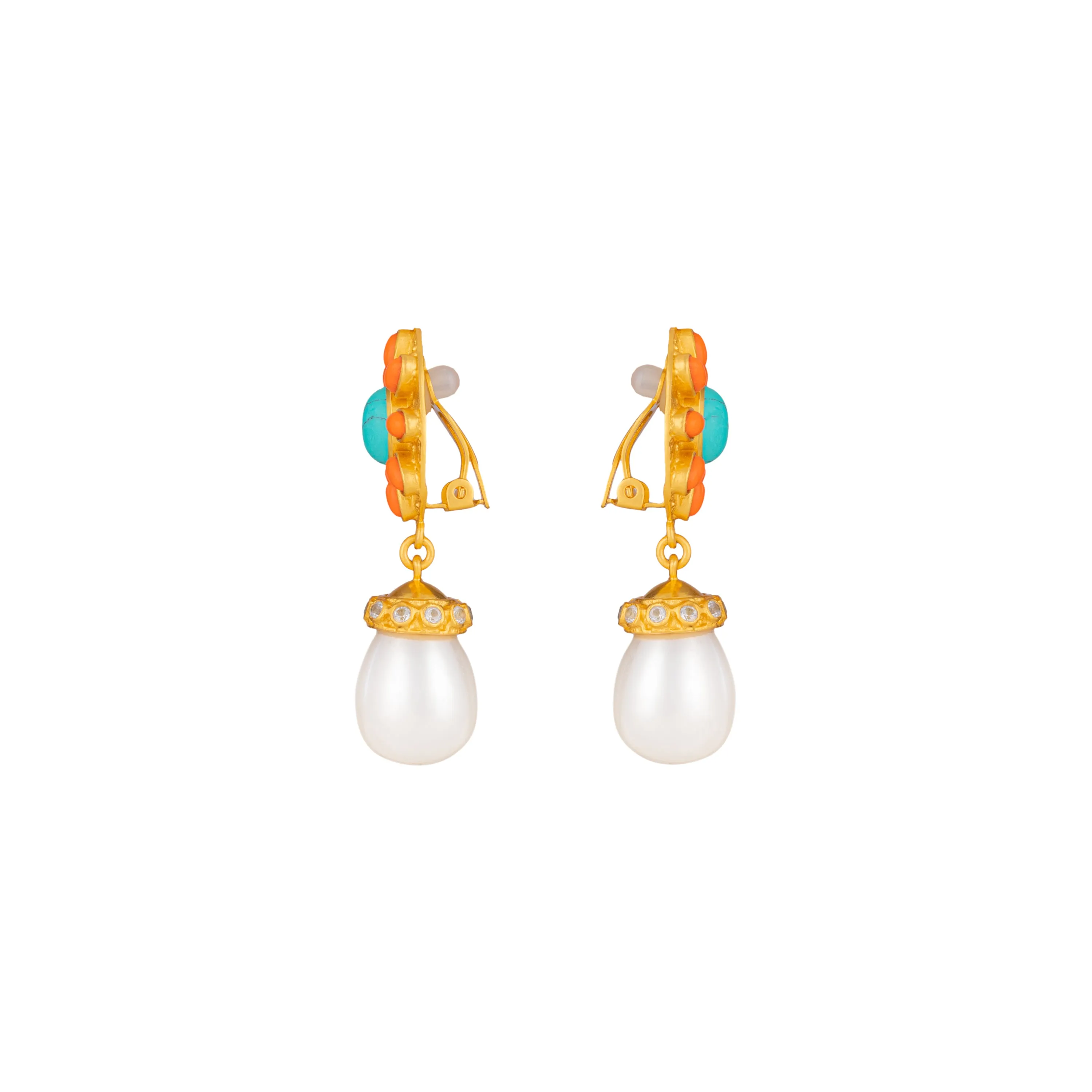 Heather Earrings Orange Coral, Turquoise, Crystal & Pearls