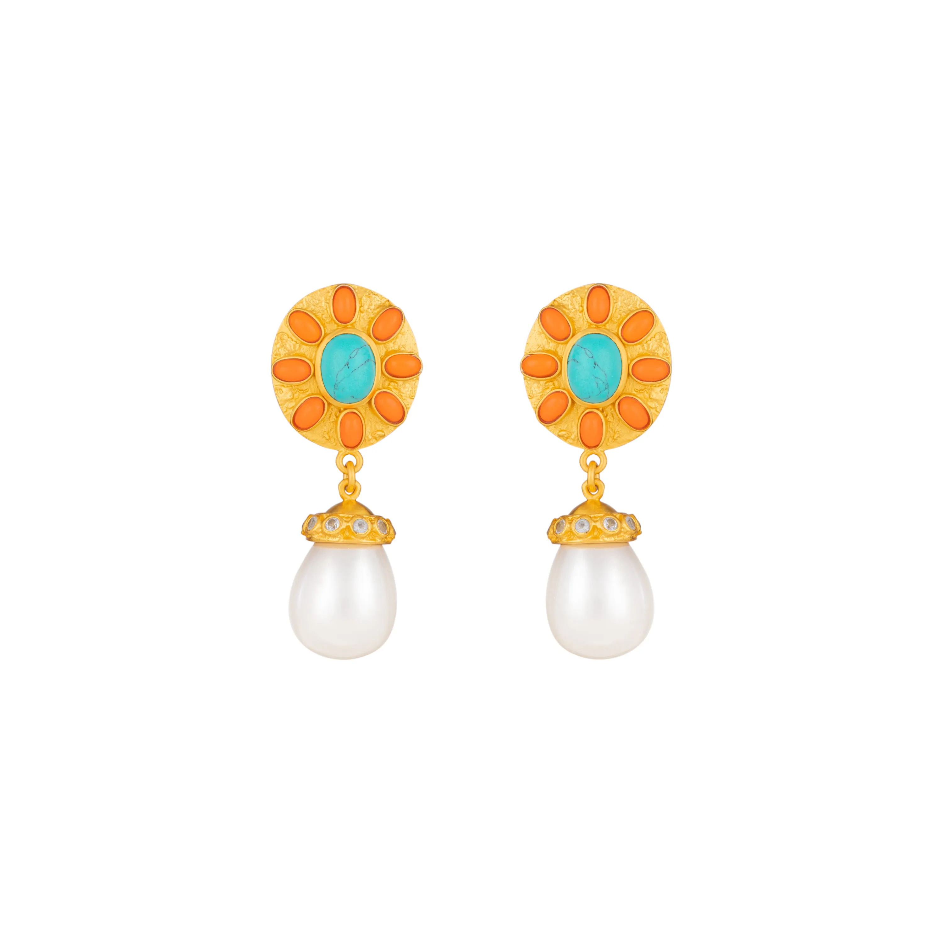 Heather Earrings Orange Coral, Turquoise, Crystal & Pearls