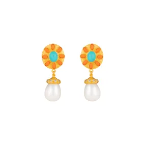 Heather Earrings Orange Coral, Turquoise, Crystal & Pearls