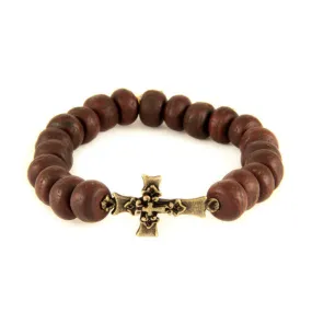 Mens Brown Beaded Bracelet with Brass Triple Cross Charm