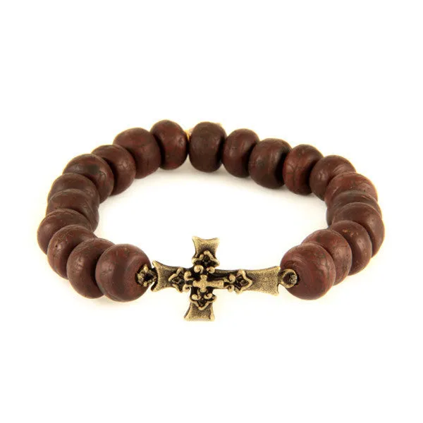 Mens Brown Beaded Bracelet with Brass Triple Cross Charm