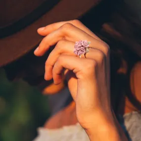 Pink Roses Ring, Statement Ring Porcelain Floral Ring, Bridesmaids gift plant jewelry, wedding miniature roses terrarium jewelry Cottagecore