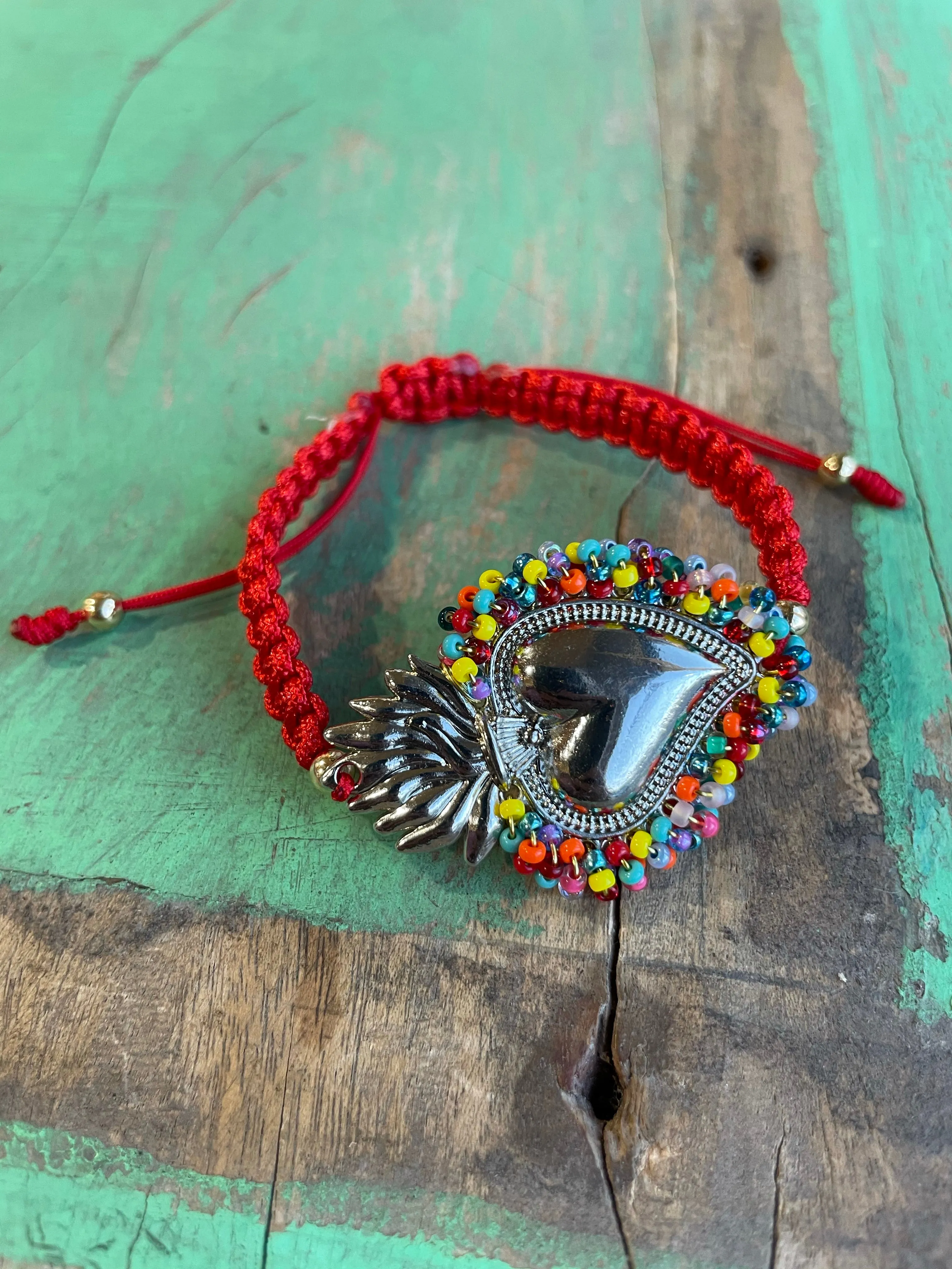 Red Cord Beaded Sacred Heart Bracelet