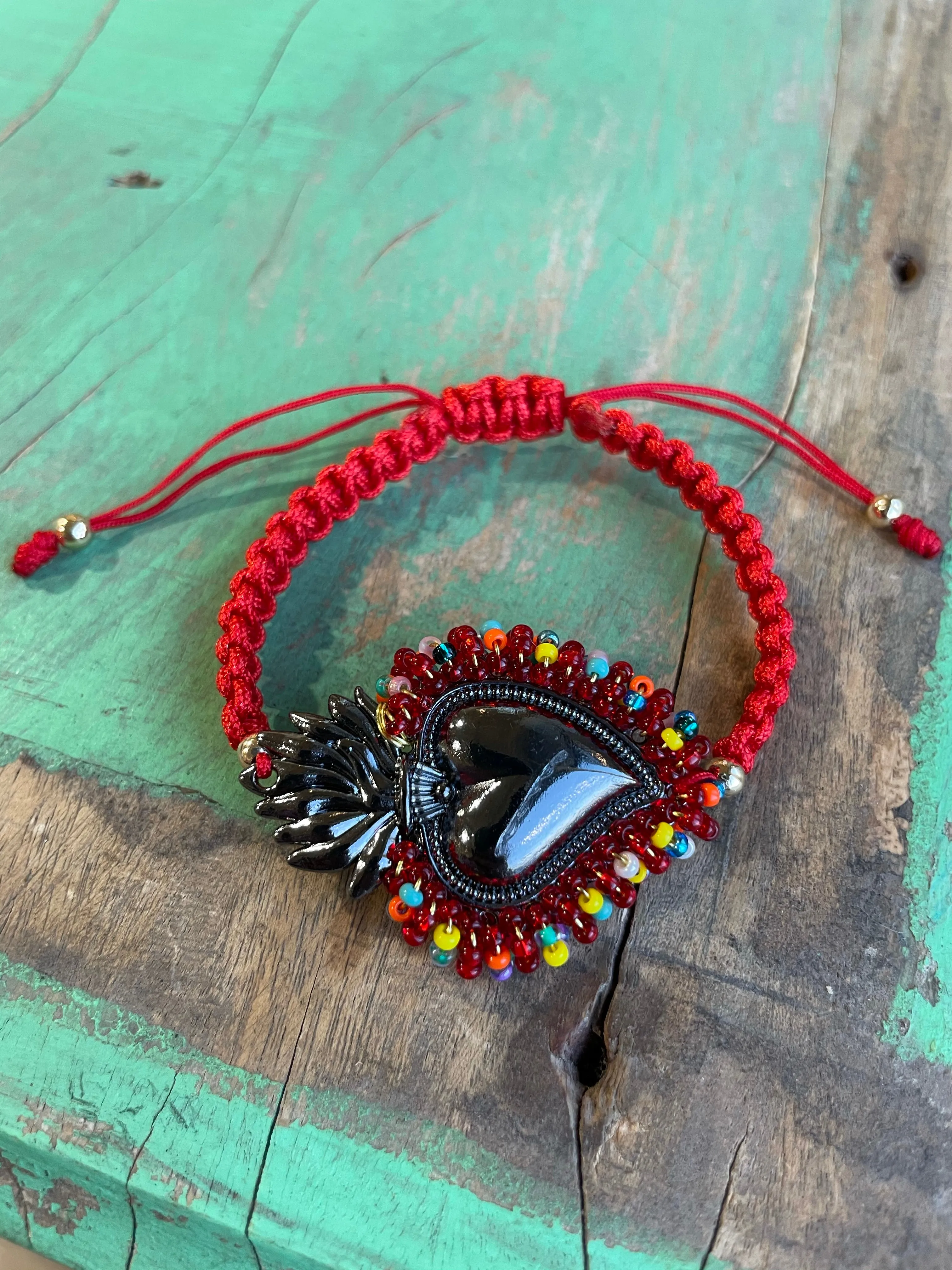 Red Cord Beaded Sacred Heart Bracelet