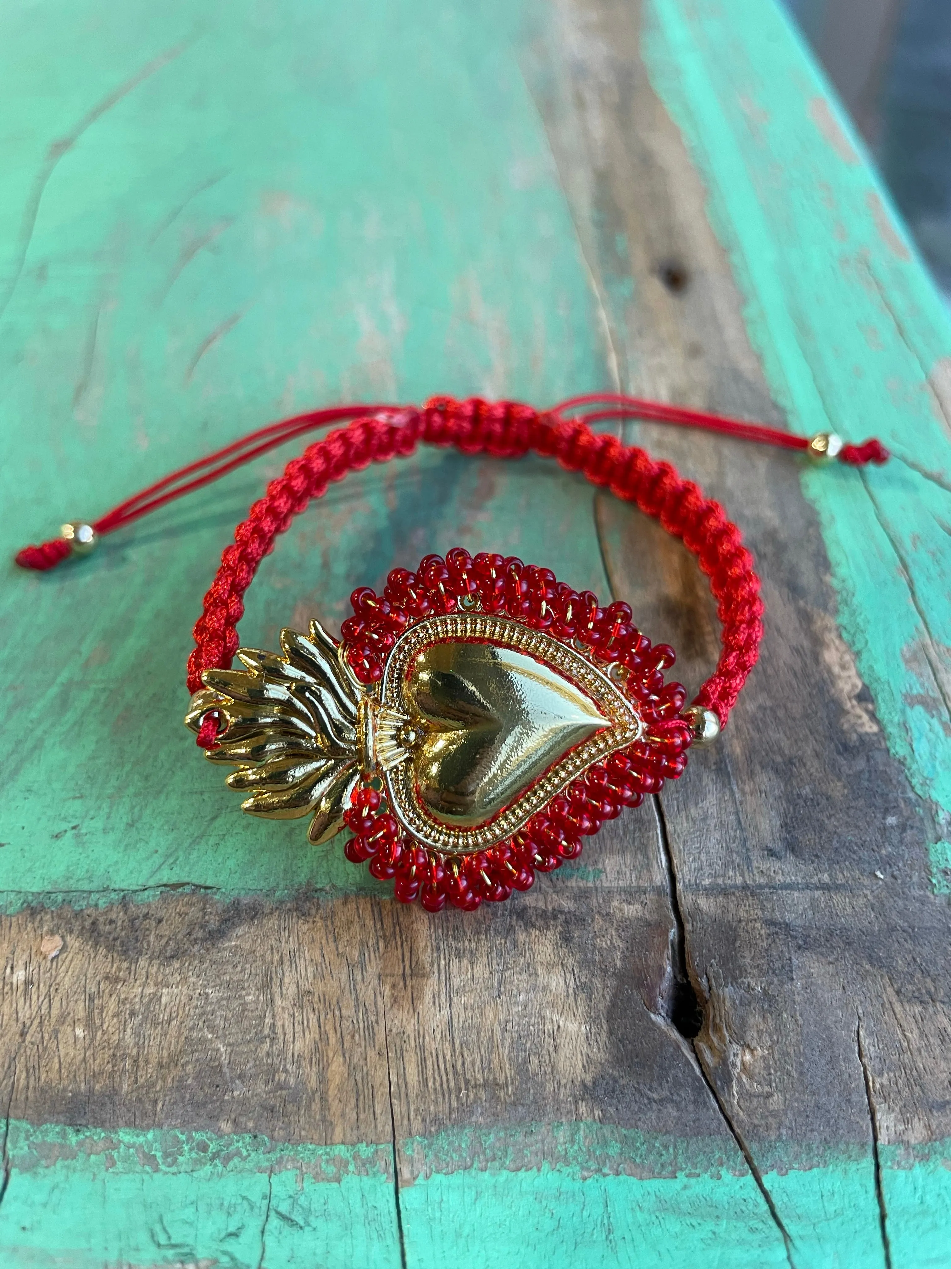Red Cord Beaded Sacred Heart Bracelet