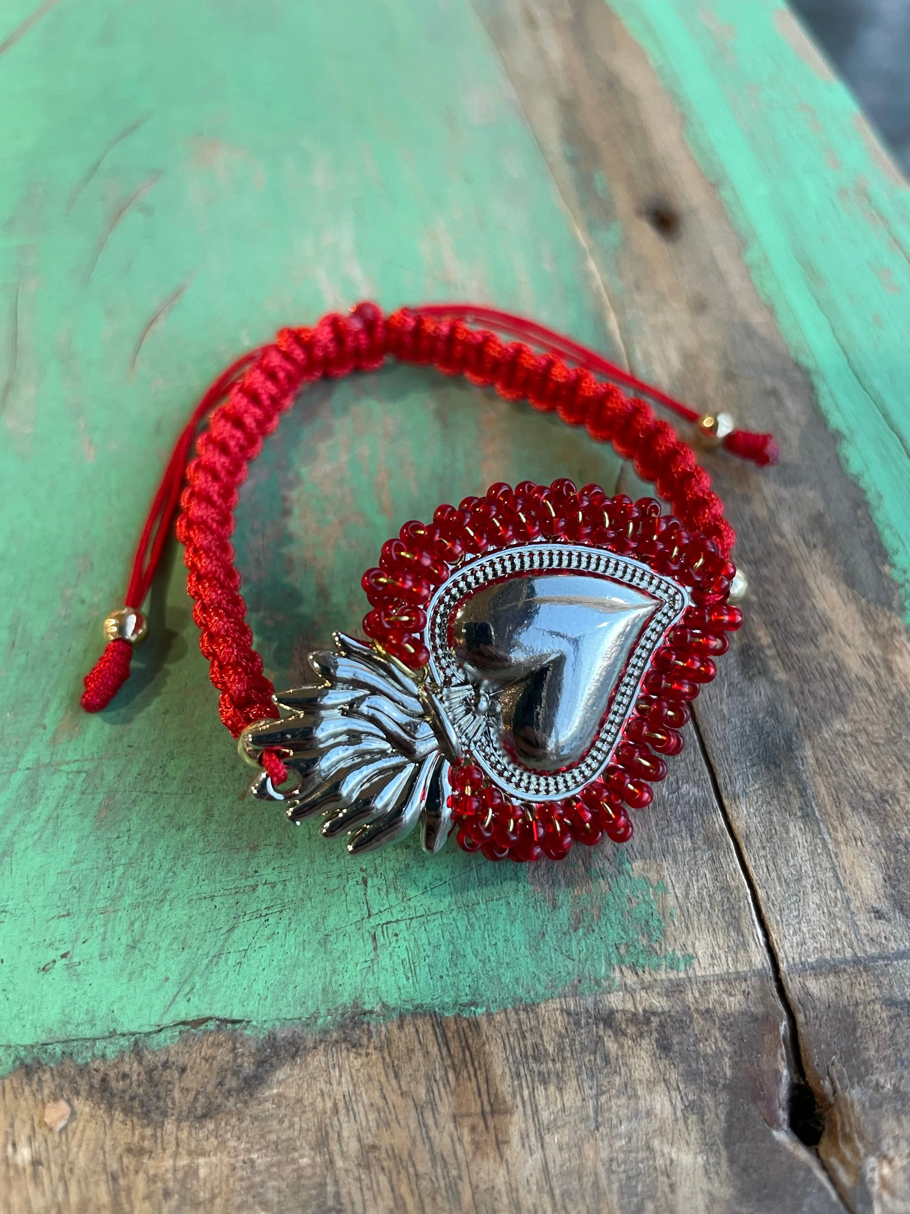 Red Cord Beaded Sacred Heart Bracelet