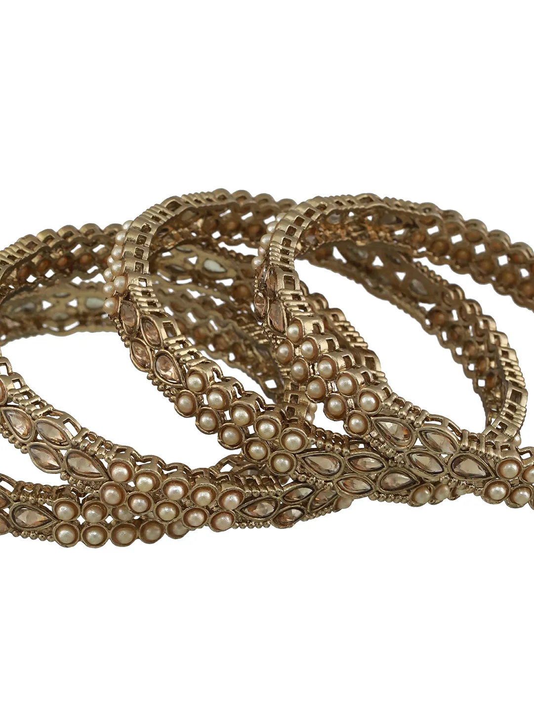Set Of 4 Gold-Plated Kundan Studded & Pearls Beaded Bangles
