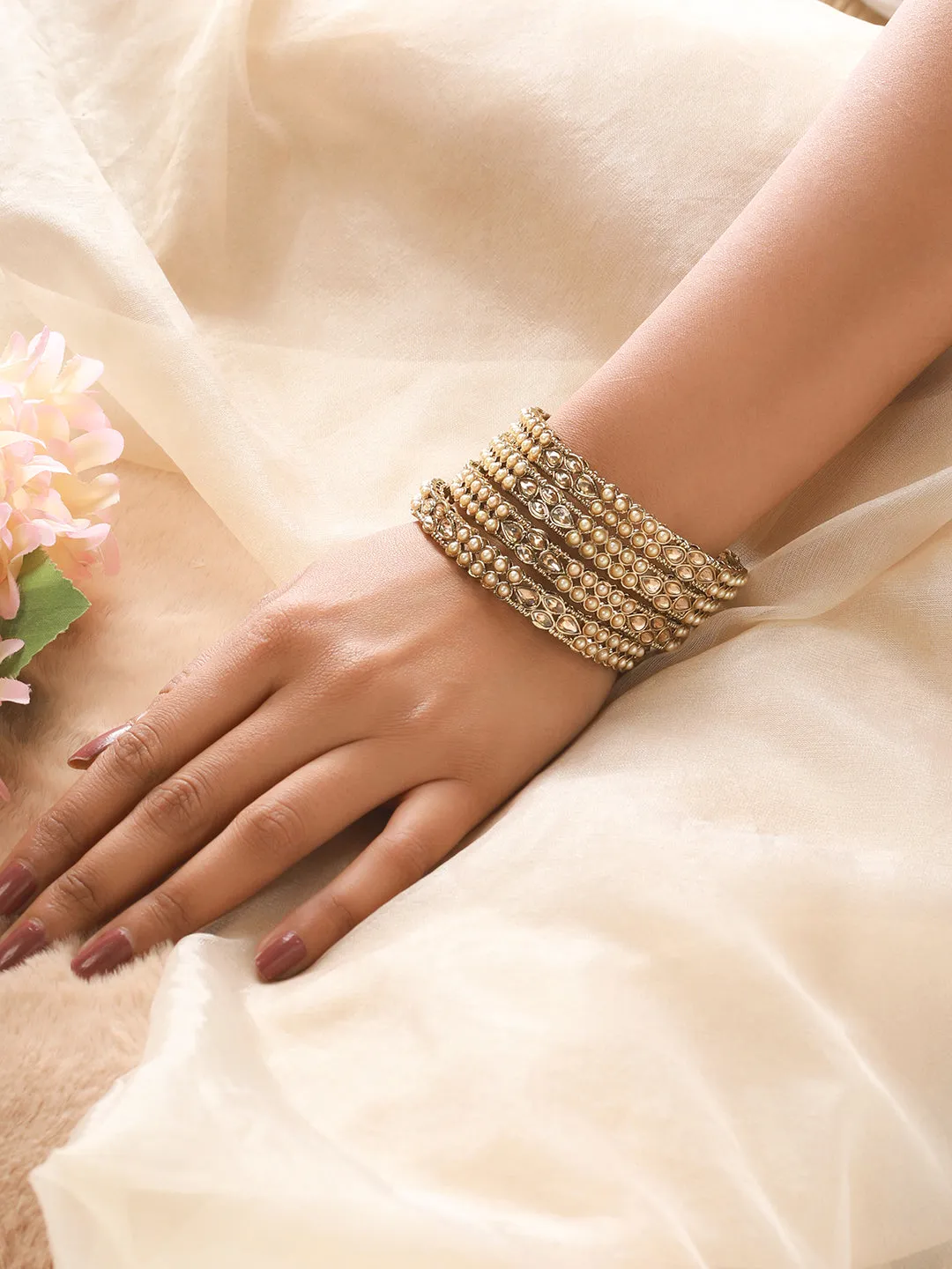 Set Of 4 Gold-Plated Kundan Studded & Pearls Beaded Bangles