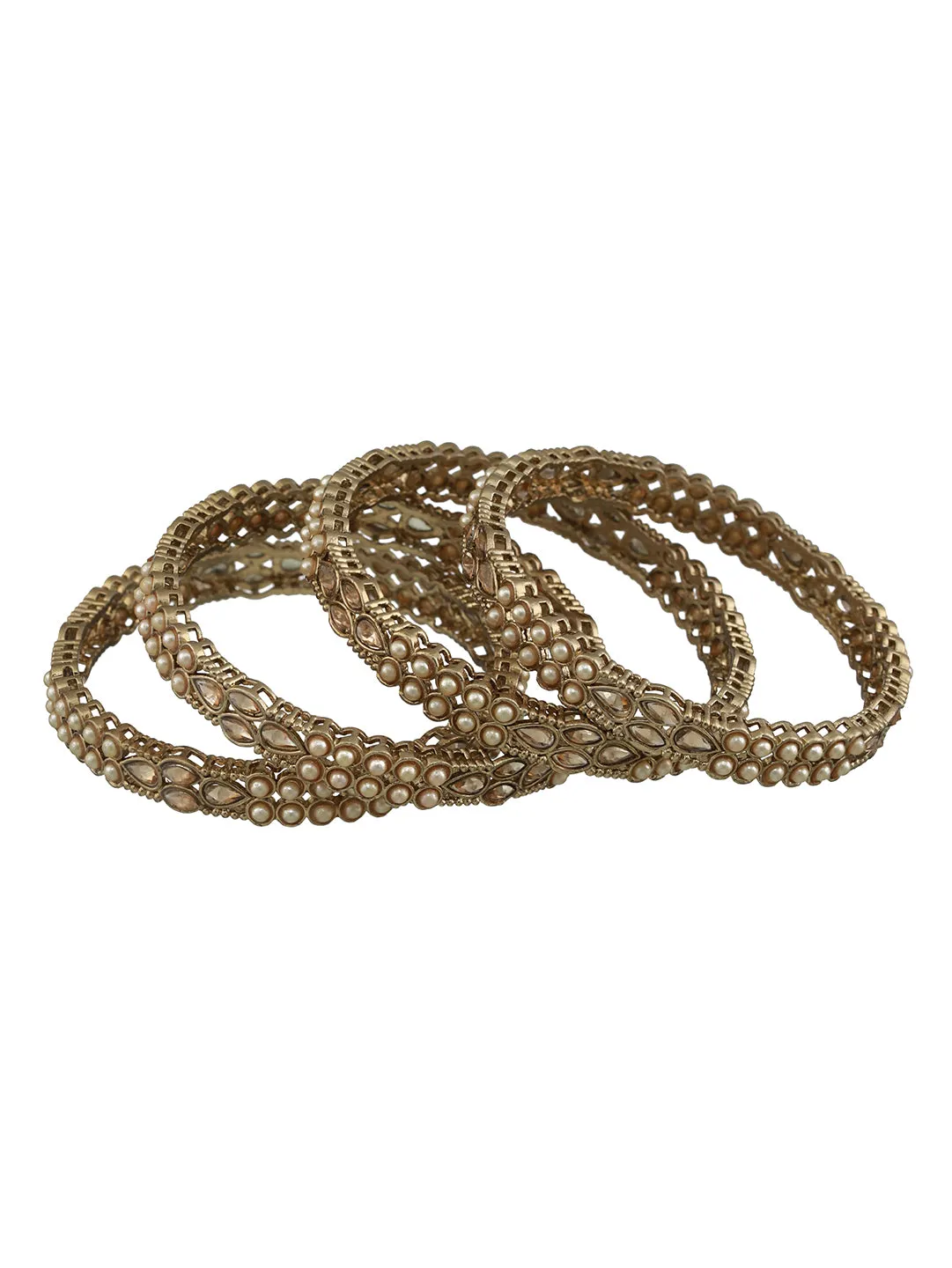 Set Of 4 Gold-Plated Kundan Studded & Pearls Beaded Bangles