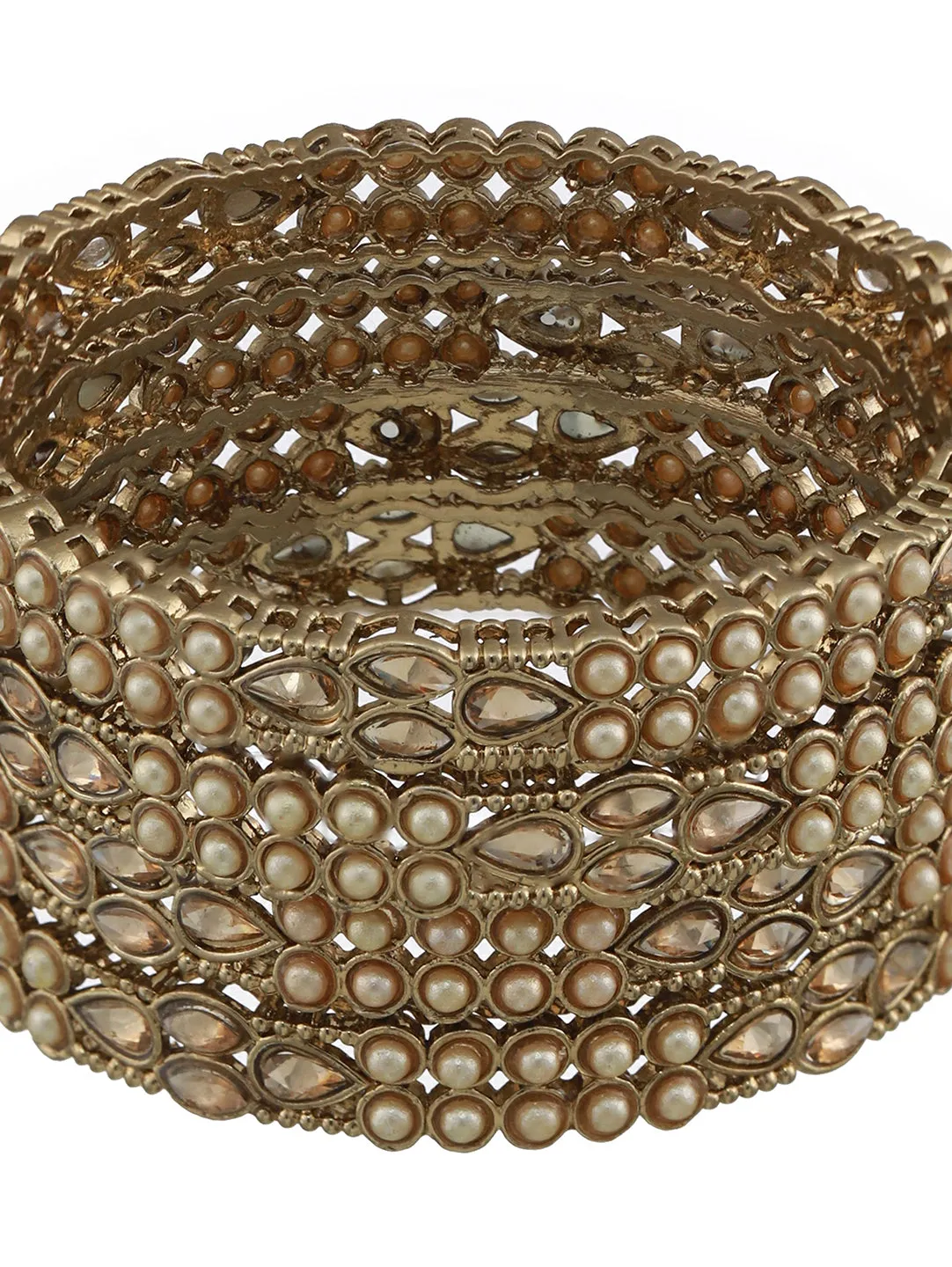 Set Of 4 Gold-Plated Kundan Studded & Pearls Beaded Bangles