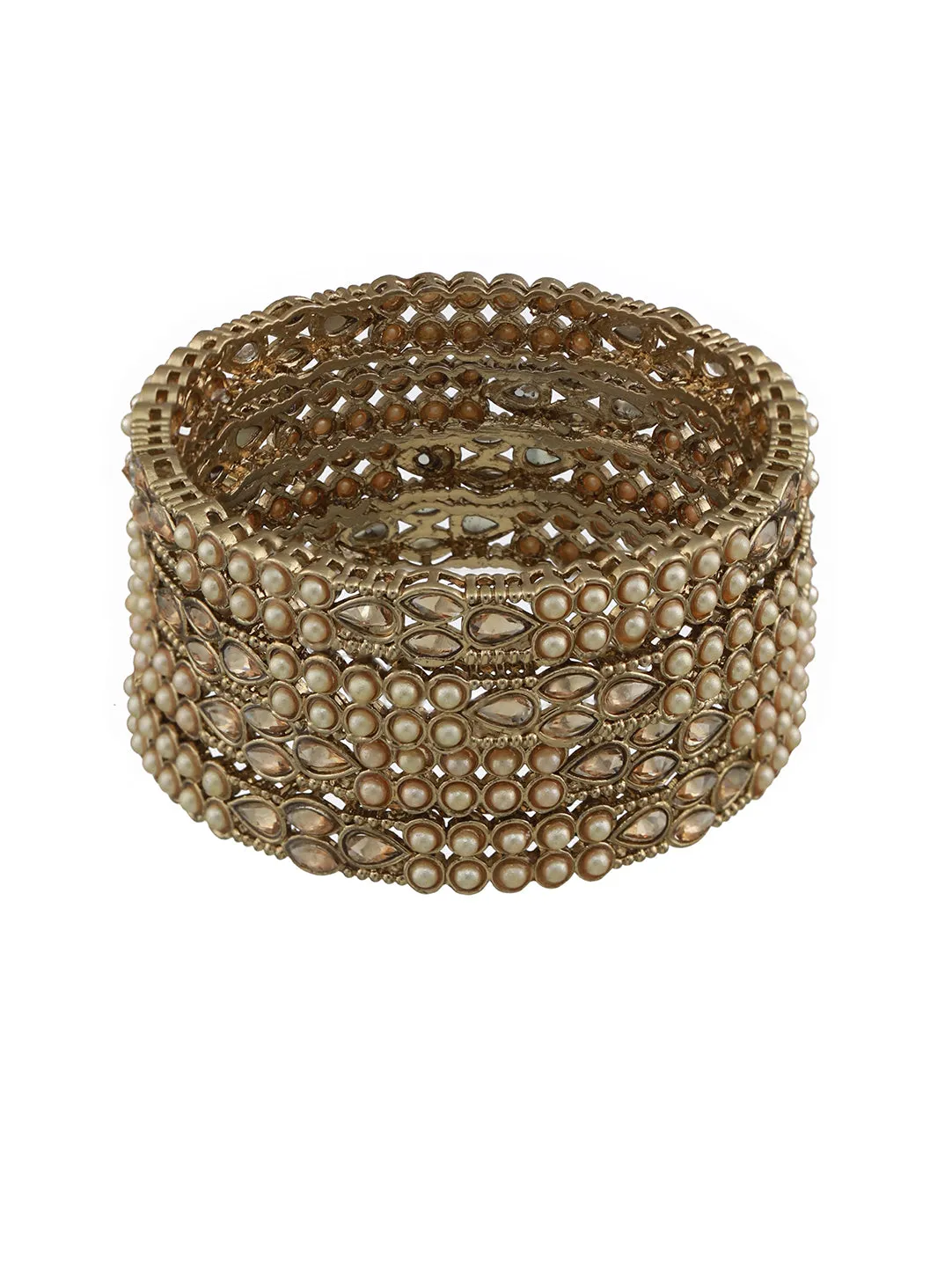 Set Of 4 Gold-Plated Kundan Studded & Pearls Beaded Bangles