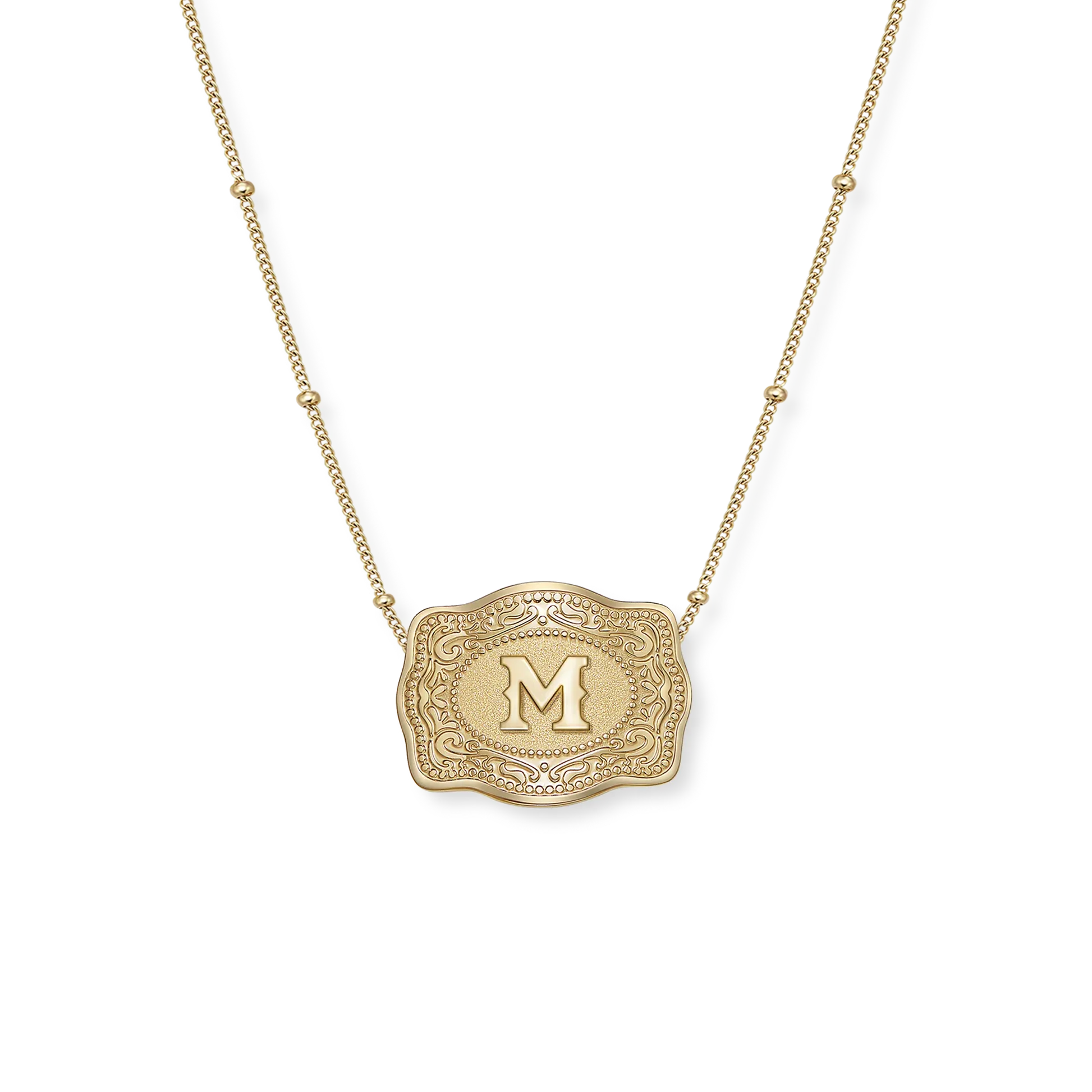 SpurWest Original Embossed Gold Initial Mini Belt Buckle Beaded Chain Necklace
