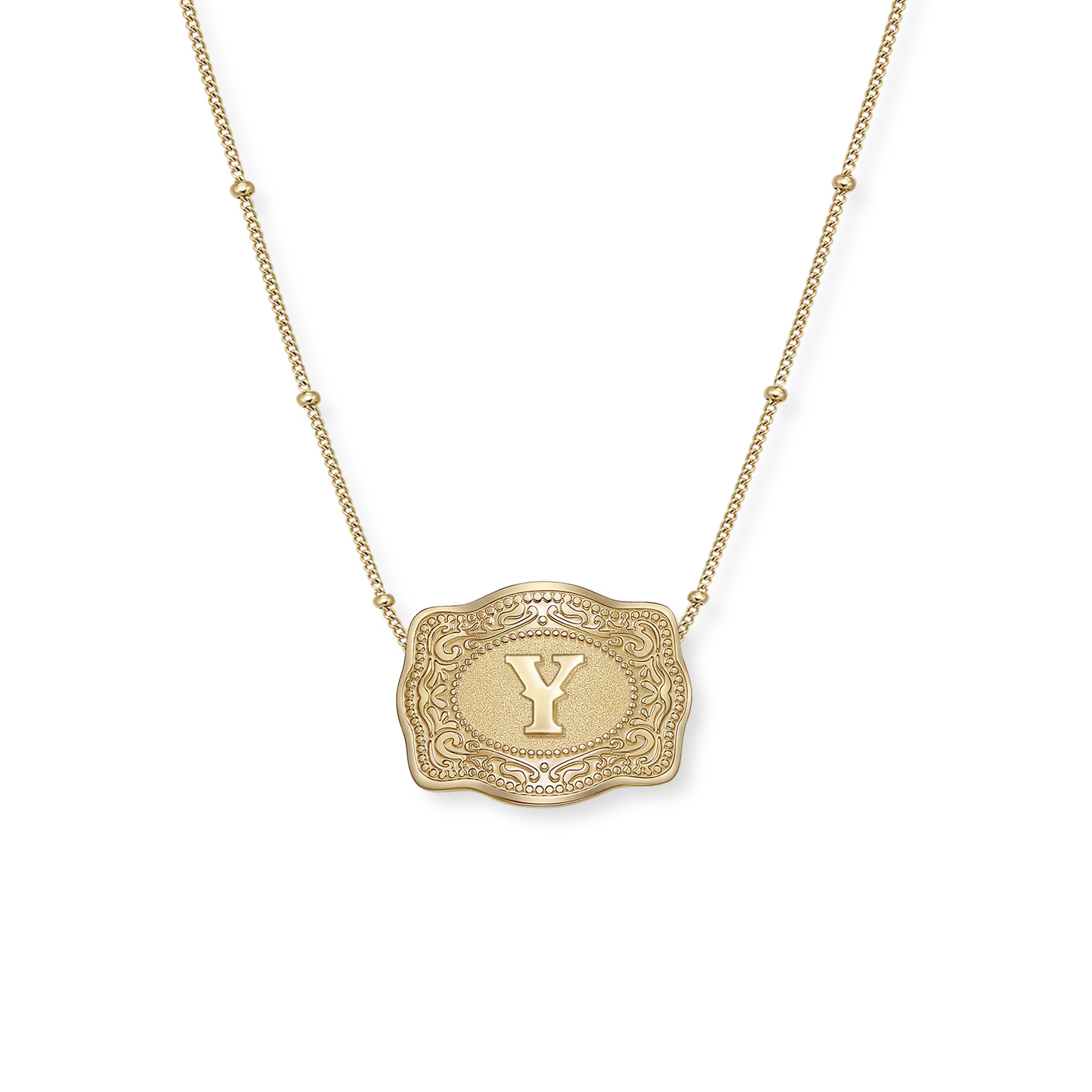 SpurWest Original Embossed Gold Initial Mini Belt Buckle Beaded Chain Necklace