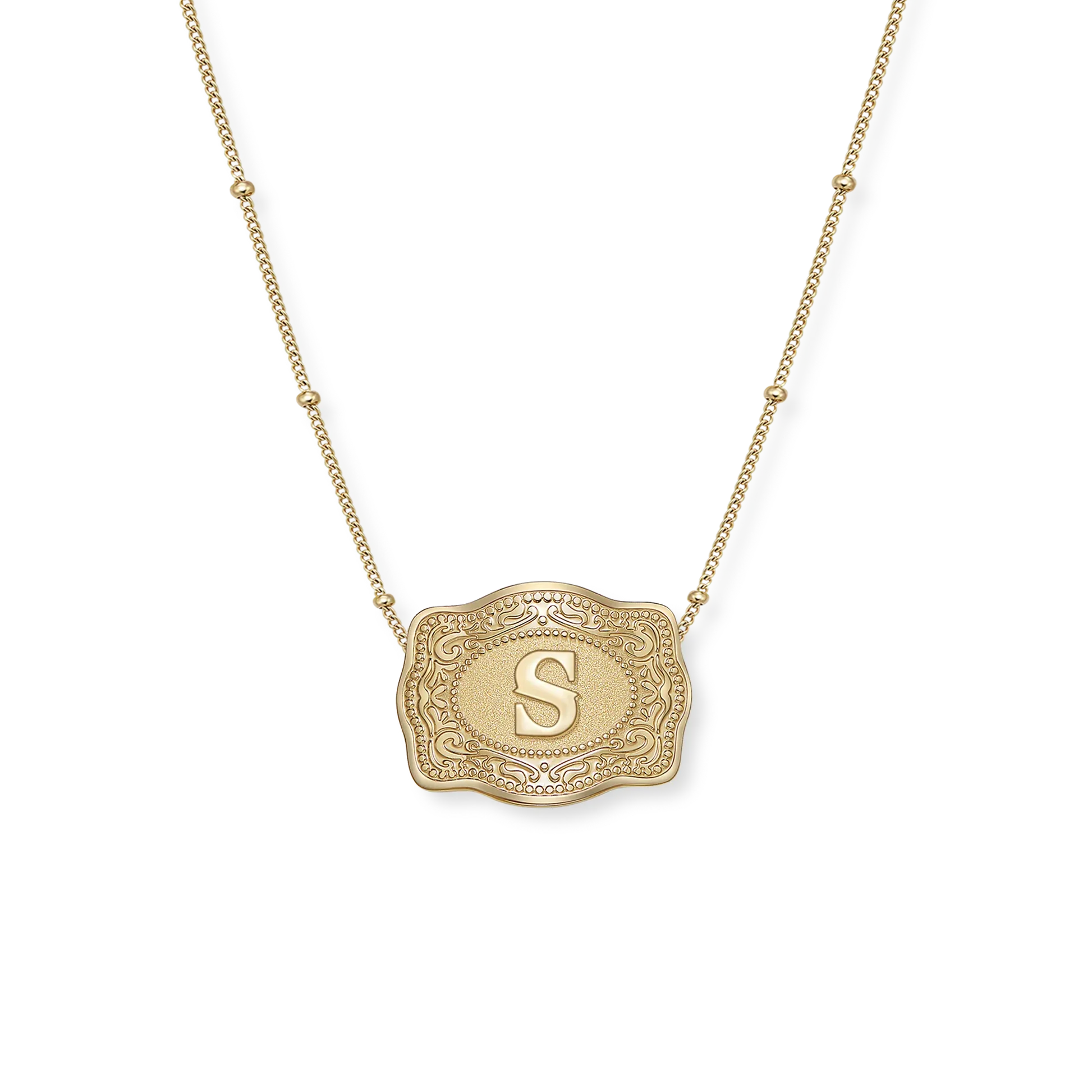 SpurWest Original Embossed Gold Initial Mini Belt Buckle Beaded Chain Necklace