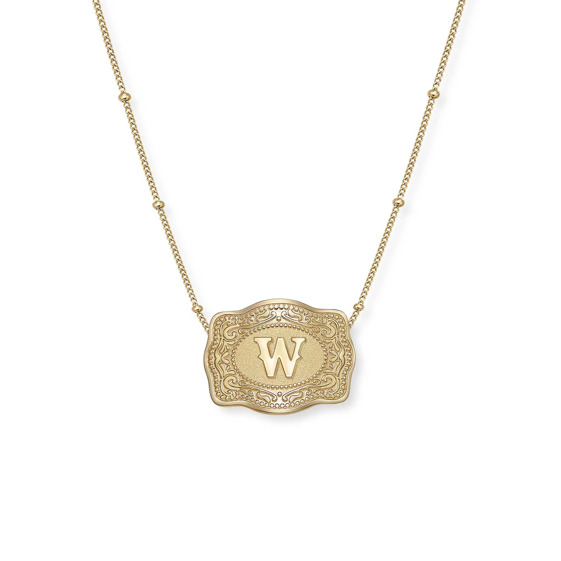 SpurWest Original Embossed Gold Initial Mini Belt Buckle Beaded Chain Necklace