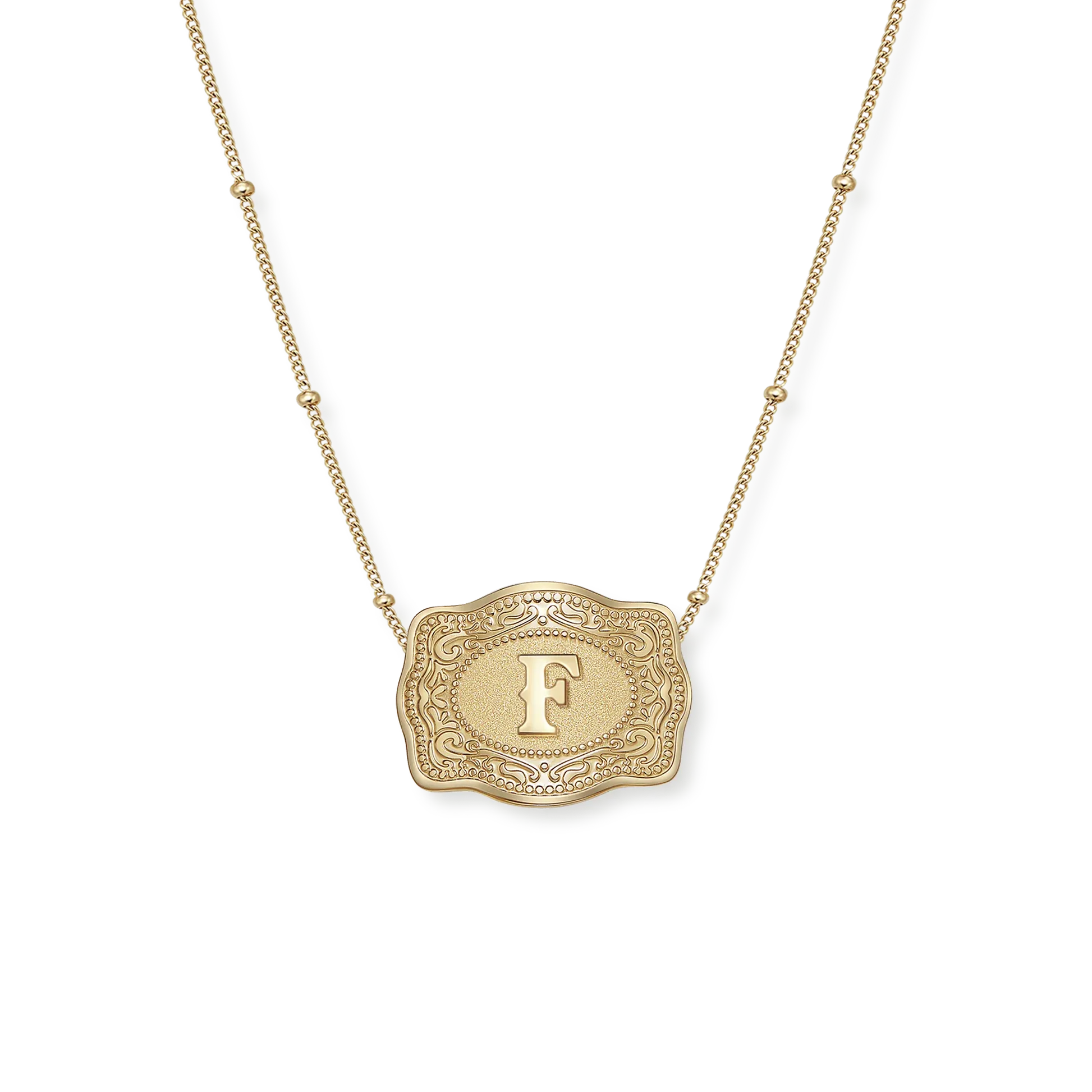 SpurWest Original Embossed Gold Initial Mini Belt Buckle Beaded Chain Necklace