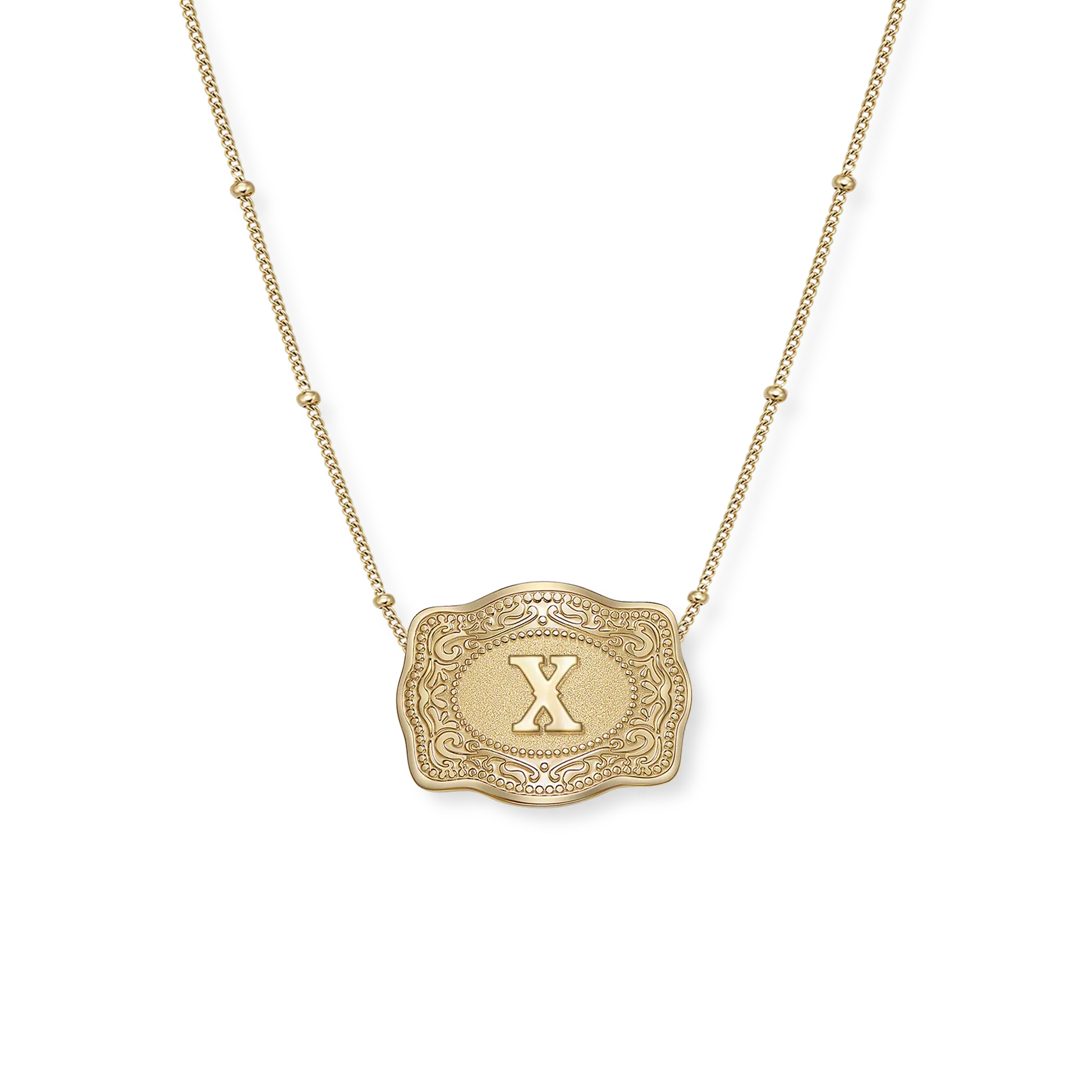SpurWest Original Embossed Gold Initial Mini Belt Buckle Beaded Chain Necklace
