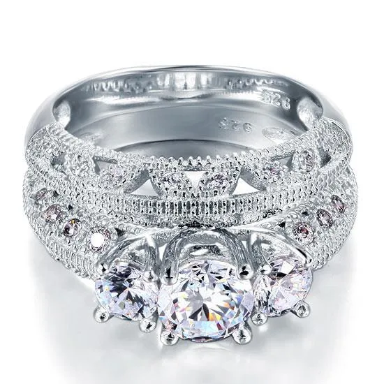 Vintage Style Victorian Art Deco 1.5 Carat Simulated Diamond Sterling 925 Silver 2-Pcs Wedding Engagement Ring Set