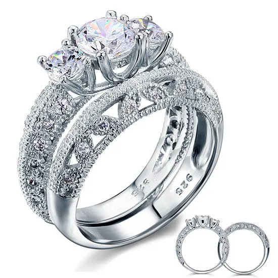 Vintage Style Victorian Art Deco 1.5 Carat Simulated Diamond Sterling 925 Silver 2-Pcs Wedding Engagement Ring Set