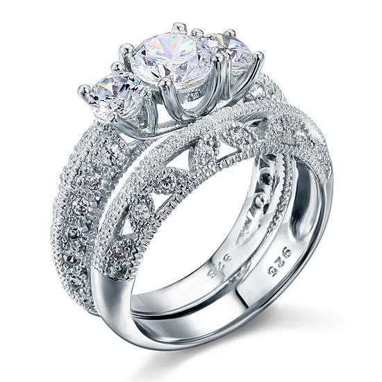 Vintage Style Victorian Art Deco 1.5 Carat Simulated Diamond Sterling 925 Silver 2-Pcs Wedding Engagement Ring Set