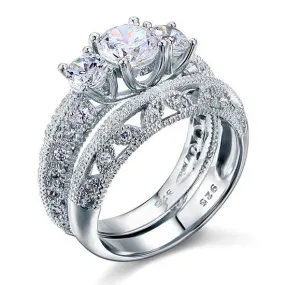 Vintage Style Victorian Art Deco 1.5 Carat Simulated Diamond Sterling 925 Silver 2-Pcs Wedding Engagement Ring Set