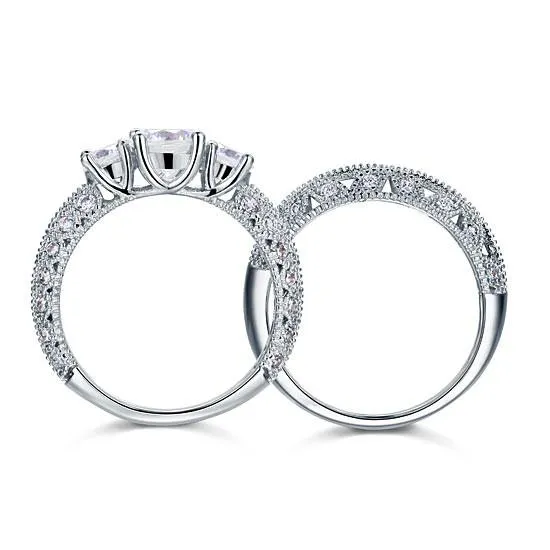 Vintage Style Victorian Art Deco 1.5 Carat Simulated Diamond Sterling 925 Silver 2-Pcs Wedding Engagement Ring Set